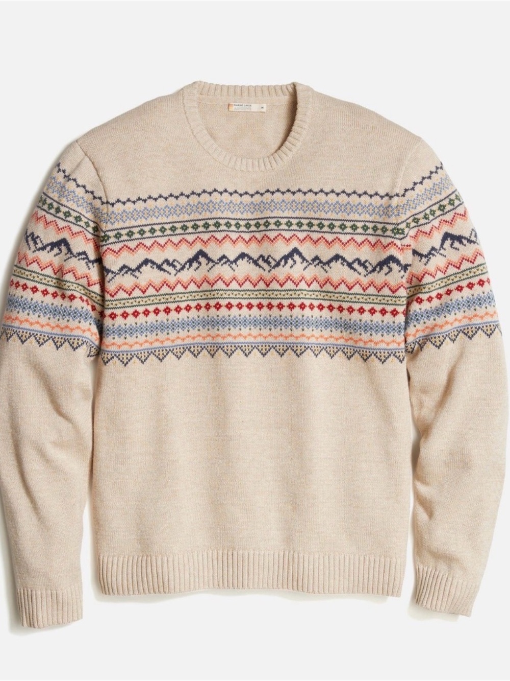 Marine Layer Cream Fair Isle Crewneck Sweater with Multicolor Pattern